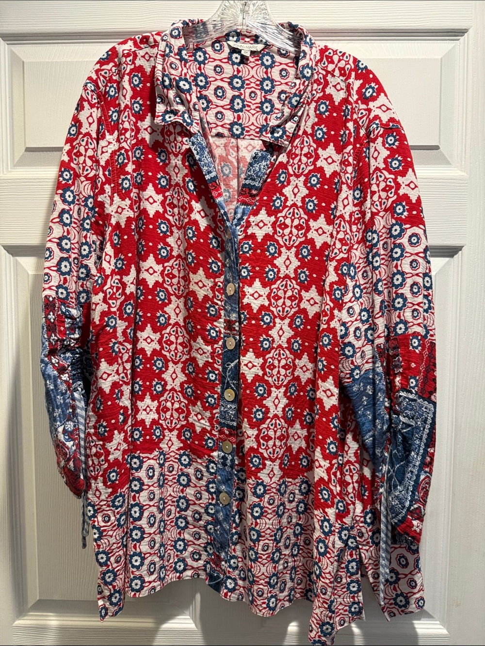 John Mark Red & Blue Printed Button-Down Shirt
